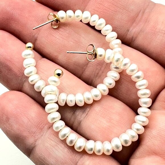Womens Earrings 14K Yellow Gold 1 1/4 Inch White Pearl Hoops Pierced - Picture 1 of 4